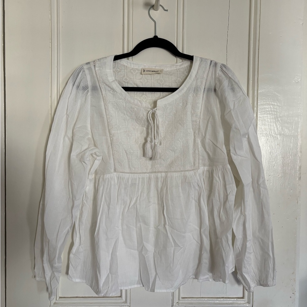 Lucky Brand White Puff Sleeve Blouse with Tie Front
